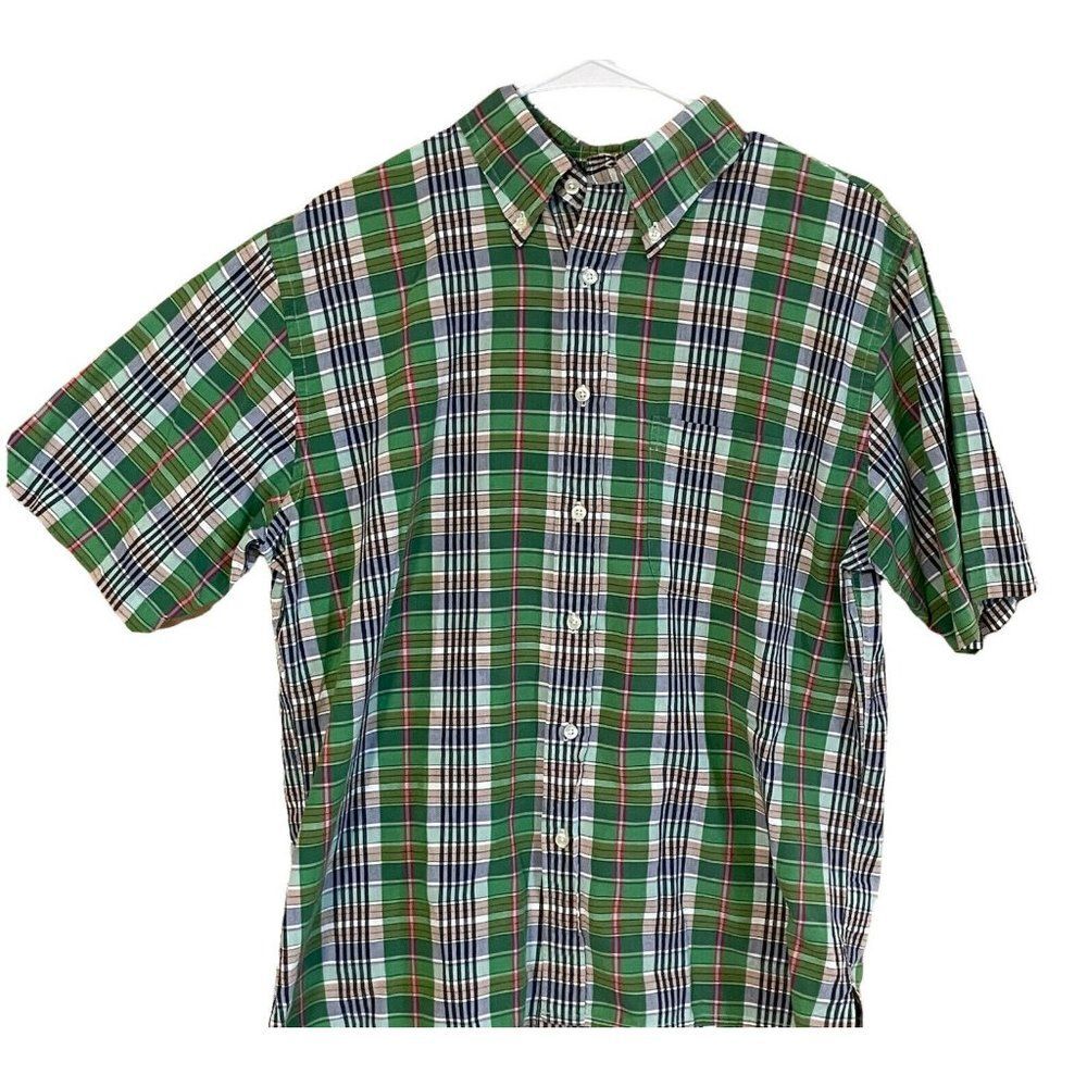 lands end mens medium green plaid button front shirt short sleeve Pocket